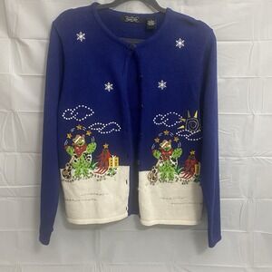 CRYSTAL KOBE WOMANS‎ Sz S BLUE KNIT SWEATER CARDIGAN CHRISTMAS CACTUS